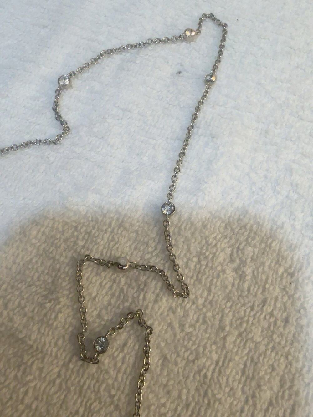Long Silver Tone Clear Rhinestone Station Chain Necklace Adjustable